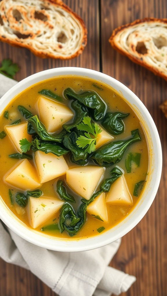 A bowl of vegan Zuppa Toscana soup with kale and potatoes, garnished with parsley, on a rustic table with bread.
